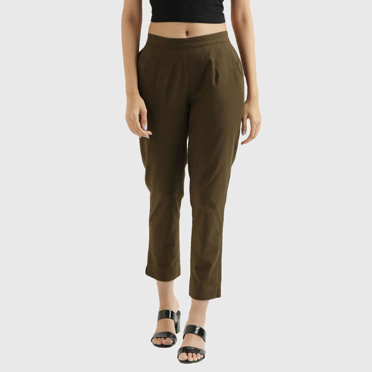 Saadaa Women Cotton Pant Regular Slim Fit Trouser | Olive Green | L