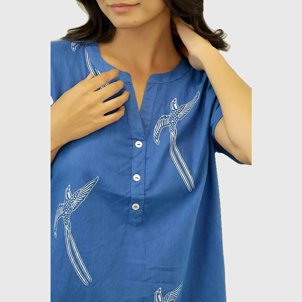 Sanskrutihomes Women's Printed Pure Cotton Night Suit | Blue - M