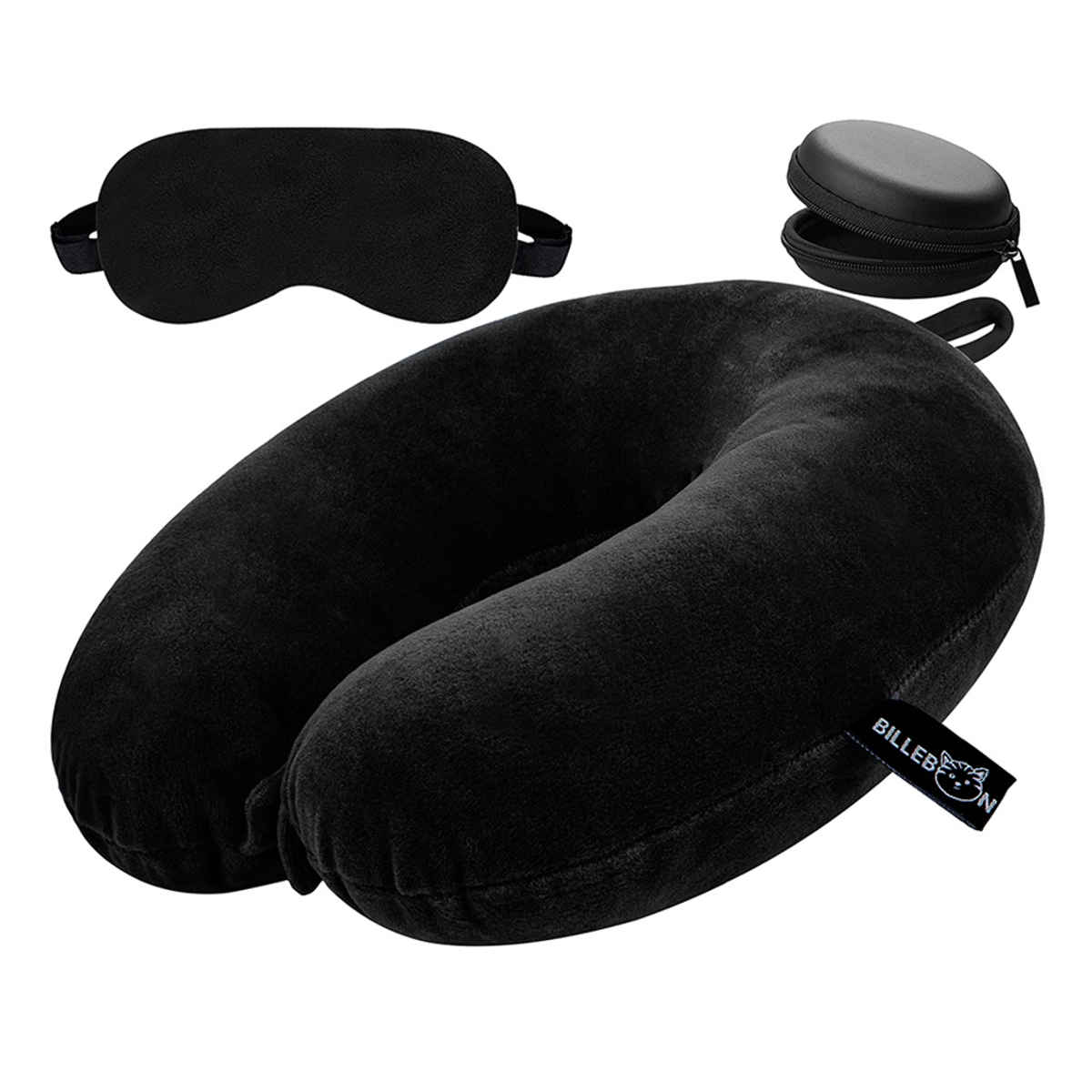 Billebon Premium Fibre Filled Travel Neck Pillow with Eye Mask And Earphone Case | Black