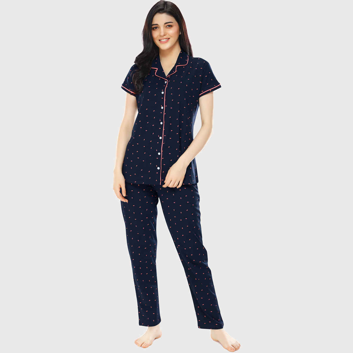 Zeyo Women's Cotton Flash Printed Navy Blue Night Suit Set of Shirt & Pyjama | 5251-XL
