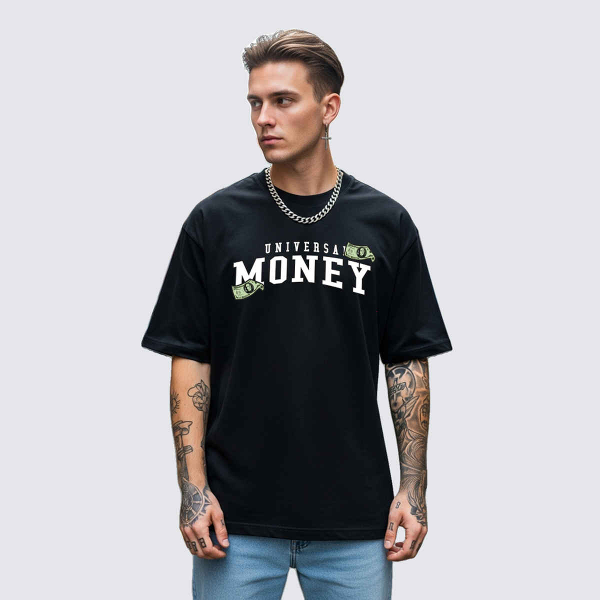 BENNY BROOKS Men's Round Neck half sleeve Oversized T-shirt |AA(ARN)BLACK220 | Black - XL