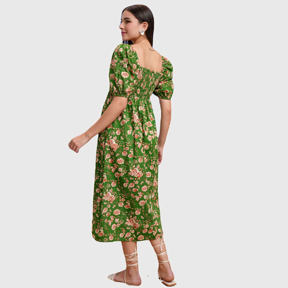 Tokyo Talkies Women's Floral Fit & Flare Square Neck Midi Dress | Multicolour - M