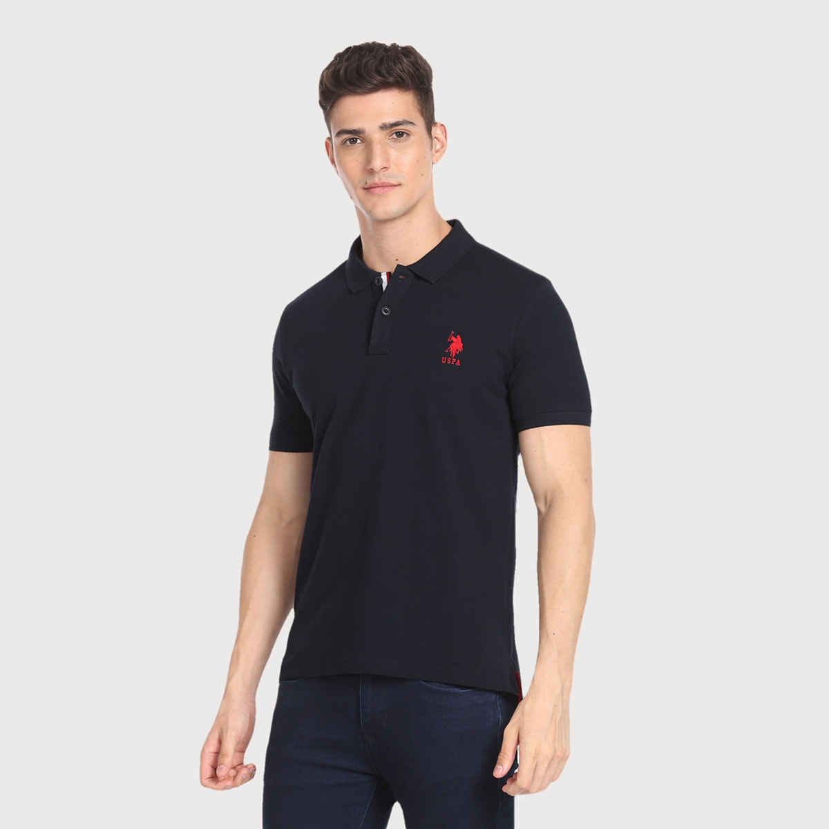 USPA Contrast Placket Solid Cotton Polo T Shirt For Men - Navy - XL