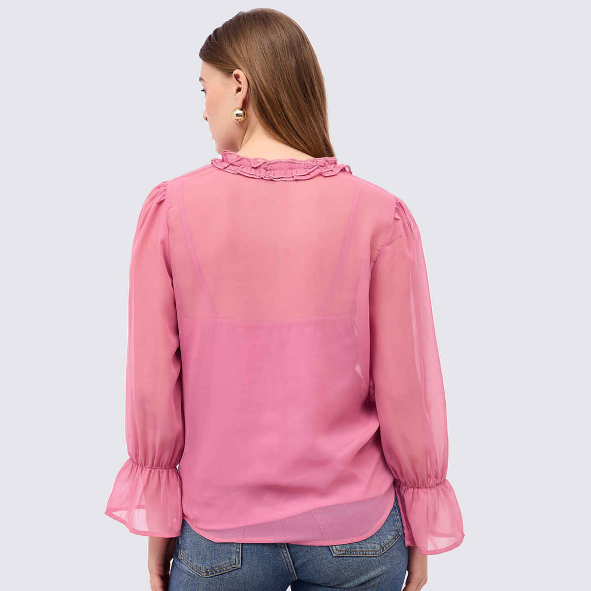 Styli Women's Casual Wear Solid V-Neck Long Sleeves Blouse with Ruffles At Center Front | Pink - L