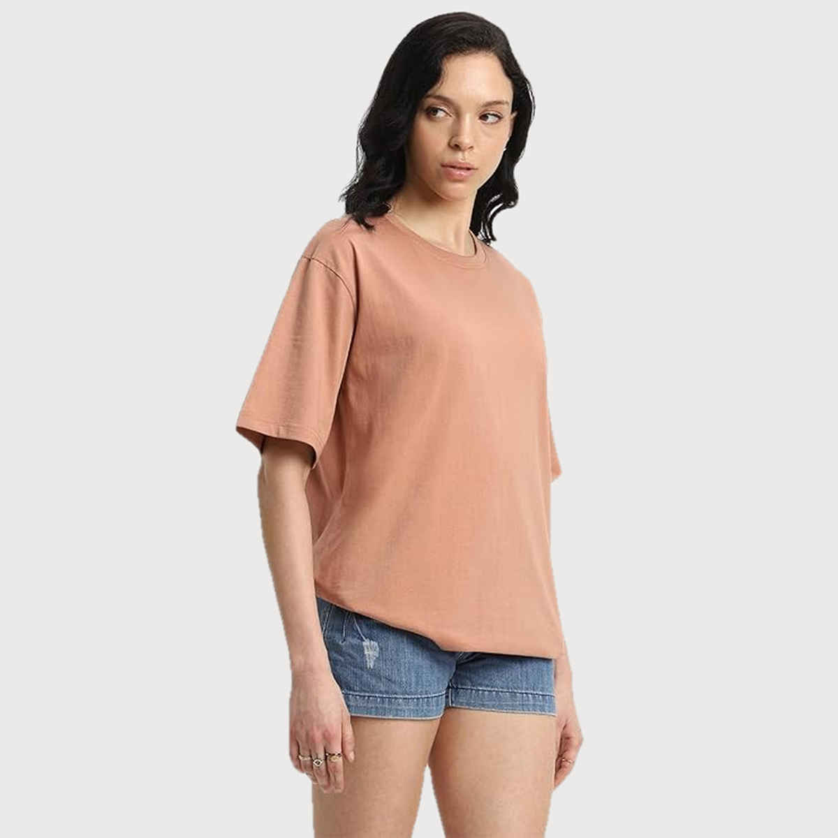 Juneberry Cork Oversized Fit Round Neck T-shirt for Women - L