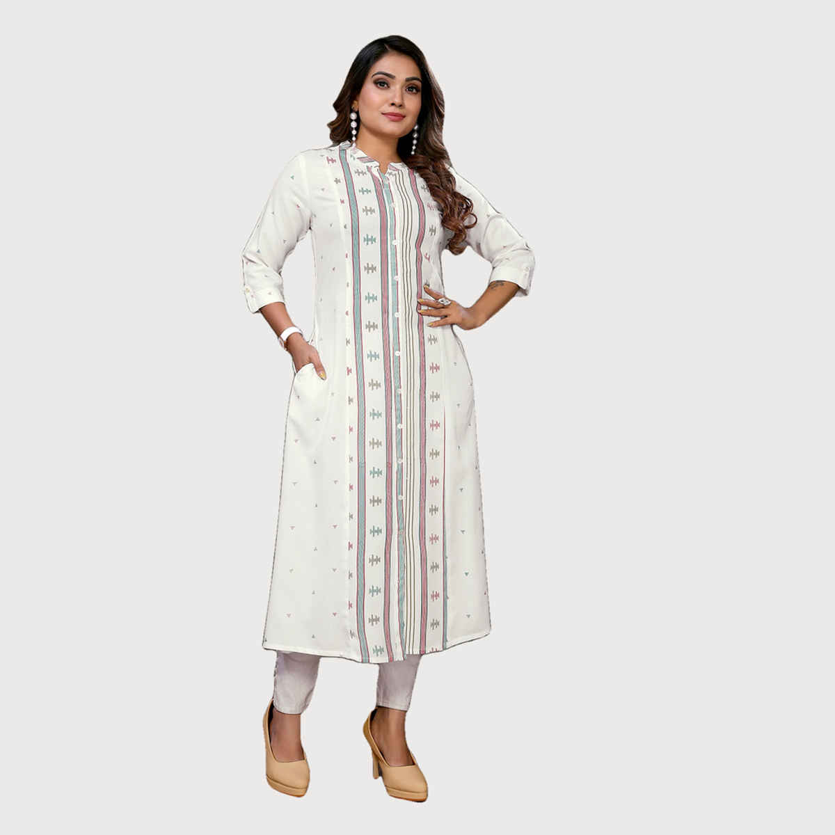Rangita Women's Off White Rayon Printed Calf Length A-Line Kurta | L