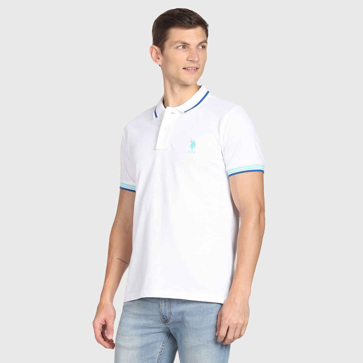 U.S. Polo Assn. Men's Striped Hem Cotton Polo Shirt | White - L