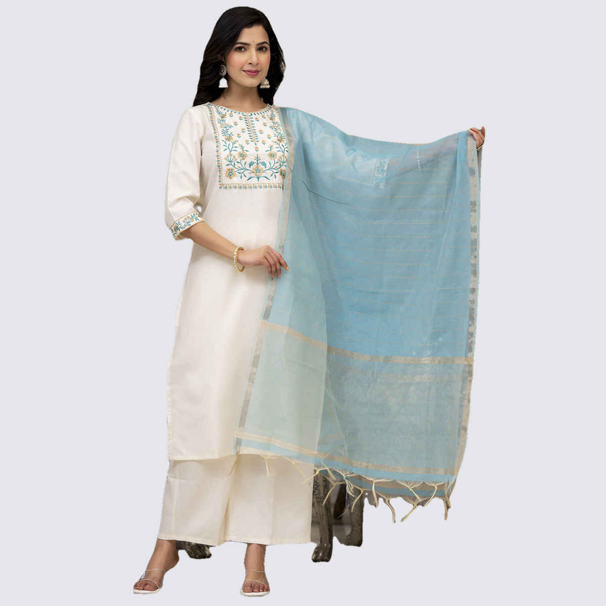 Vishudh Women's Embroidered Panel Straight Kurta with Palazzo & Dupatta | PVK3000003 | Cream - L