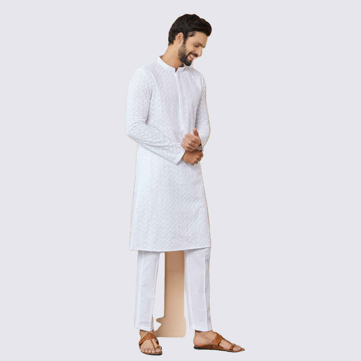 See Designs Men's Embroidered Chikankari Pure Cotton Straight Kurta | White - M