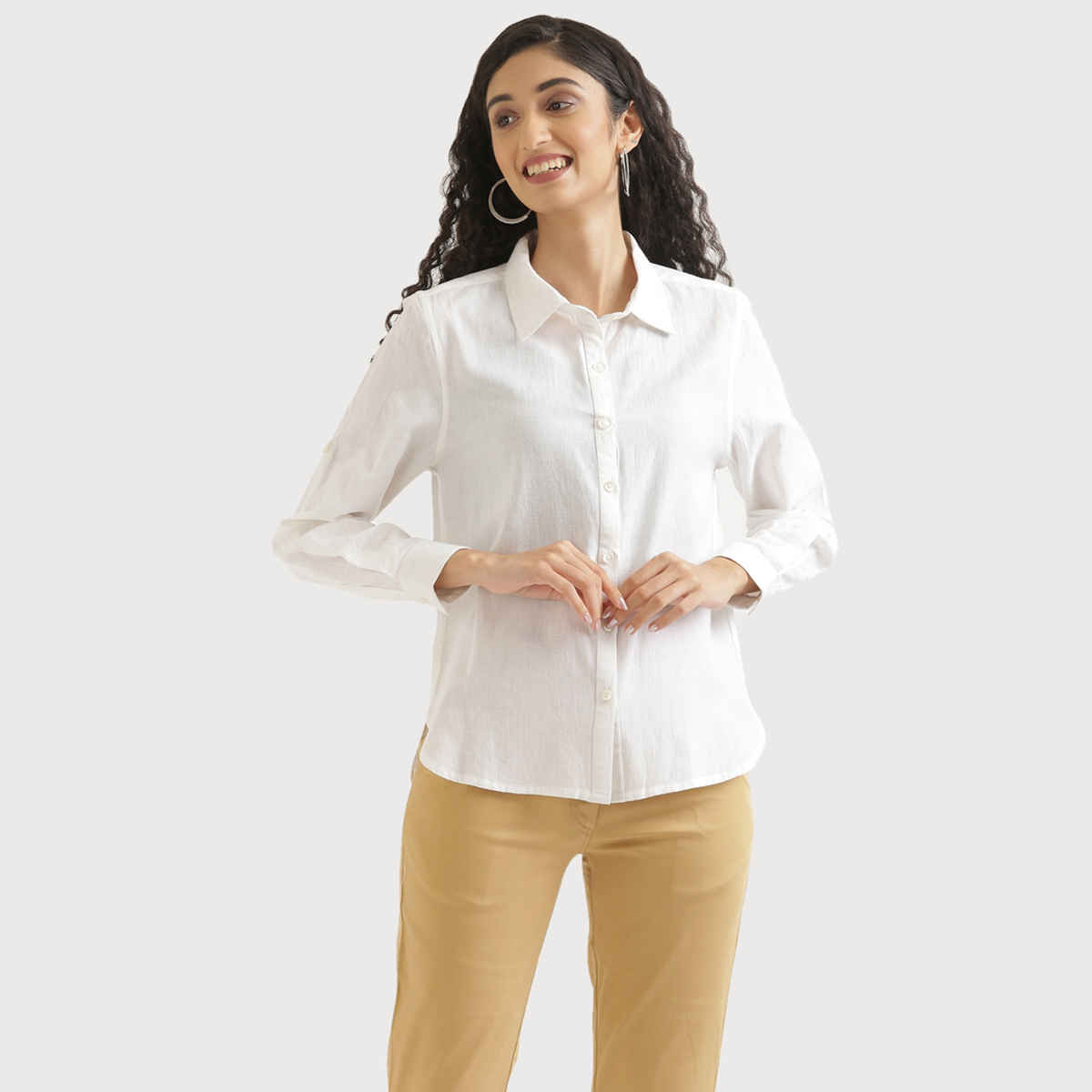 Saadaa Women's Airy Solid Linen Shirt | White - L