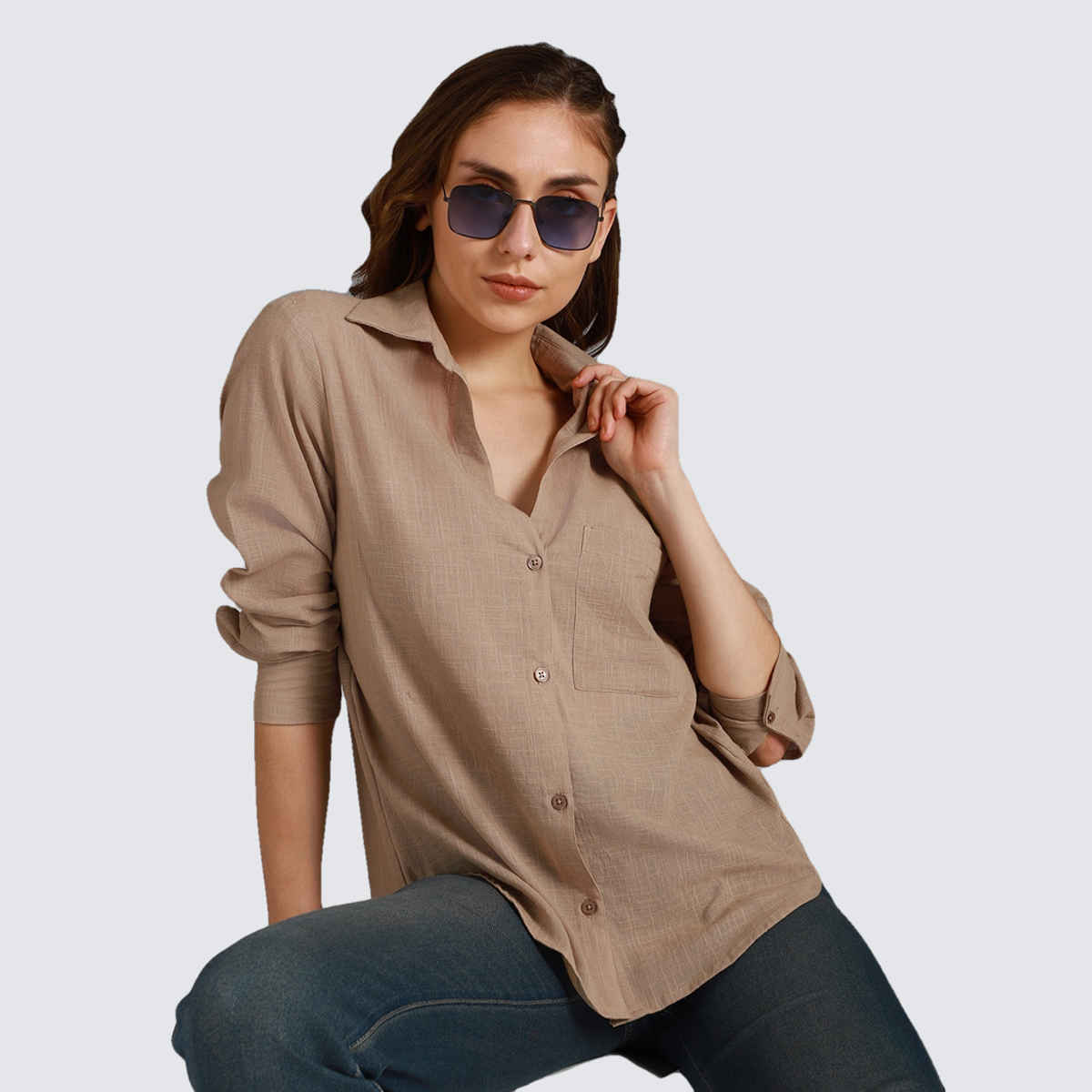 High Star Women's Spread Collar Long Sleeves Cotton Casual Shirt | Sand - M