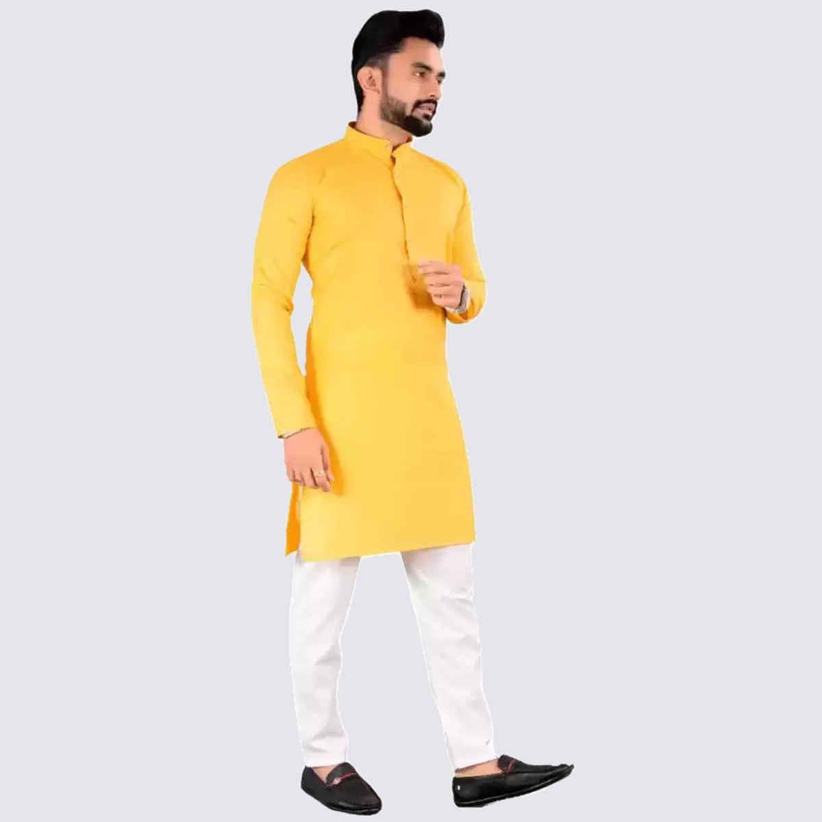 Freluro Men's Solid Cotton Blend Straight Kurta | Yellow - S