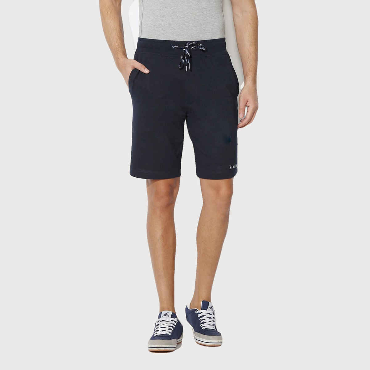 Van Heusen Athleisure Men Cotton Navy Solid Smart Tech Easy Stain Release Knit Shorts |S