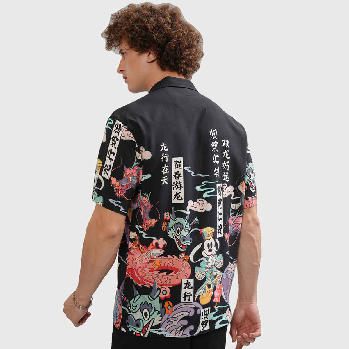 Highlander Disney Men's Mickey Printed Cuban Collar Relaxed Shirt | Black - L