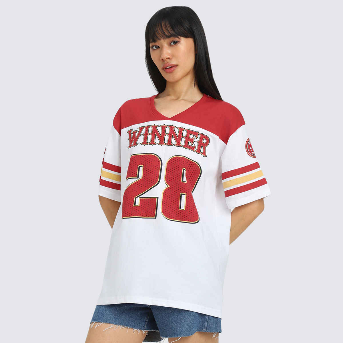 JUNEBERRY Women's Winner Graphic Printed Oversized T Shirt | OS WINNER 786 RD M | White - M
