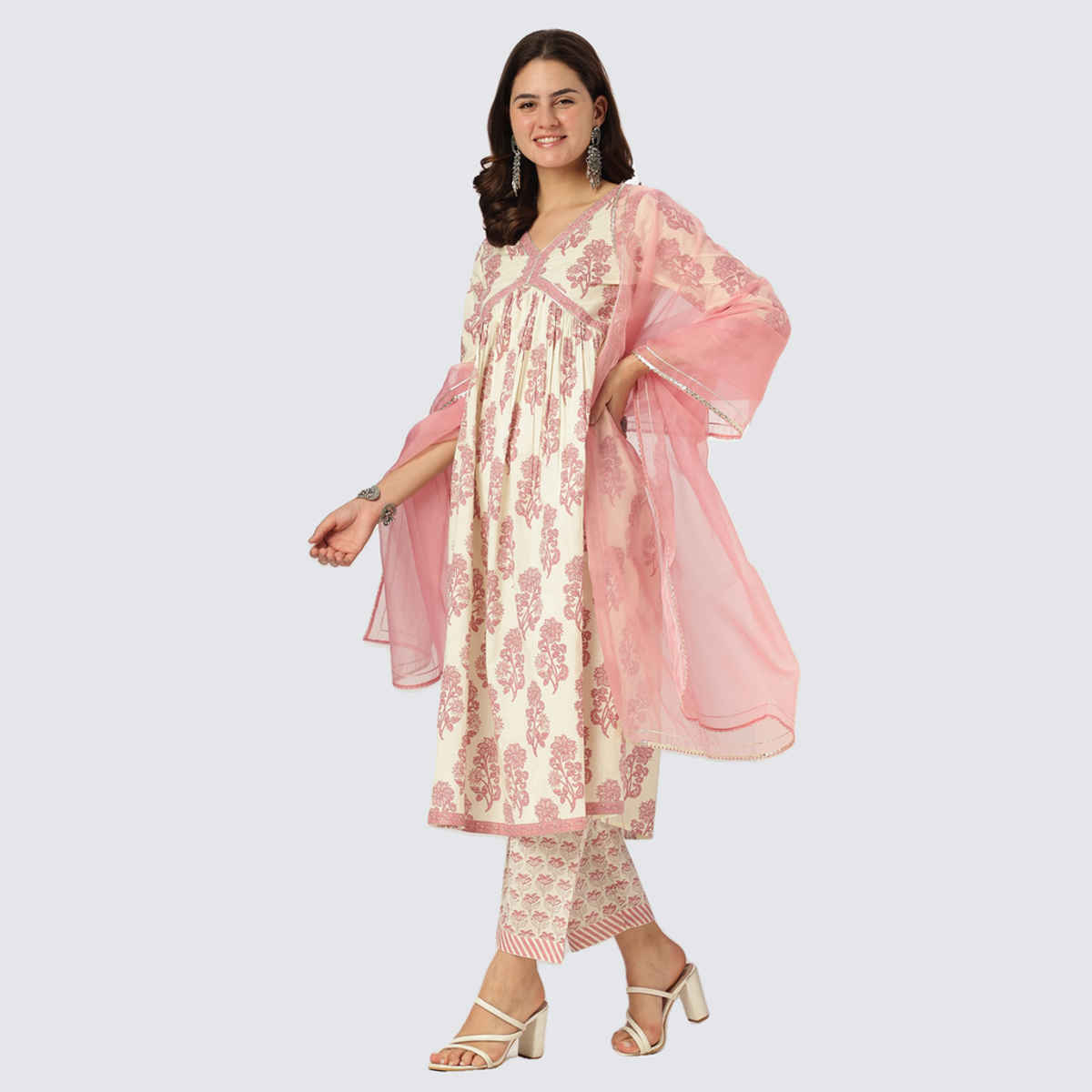 Janasya Women's Pure Cotton Floral Printed A-line Kurta Set | Cream & Pink - XL