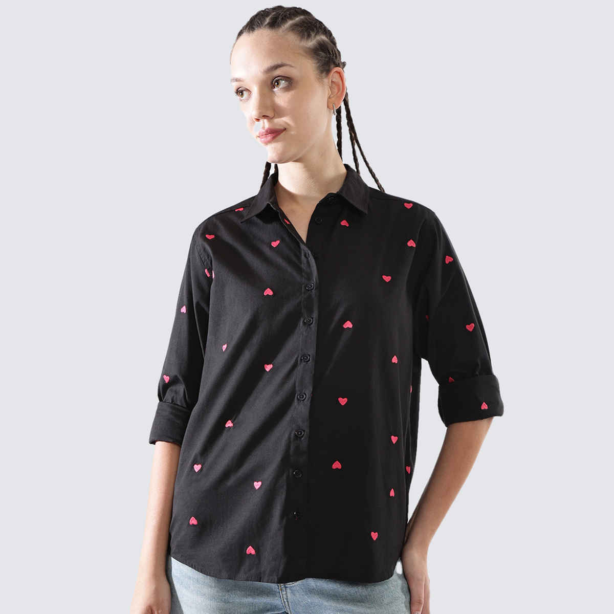 Hubberholme Women's Embroidery Oversized Spread Collar Shirt | Multicolor - XL