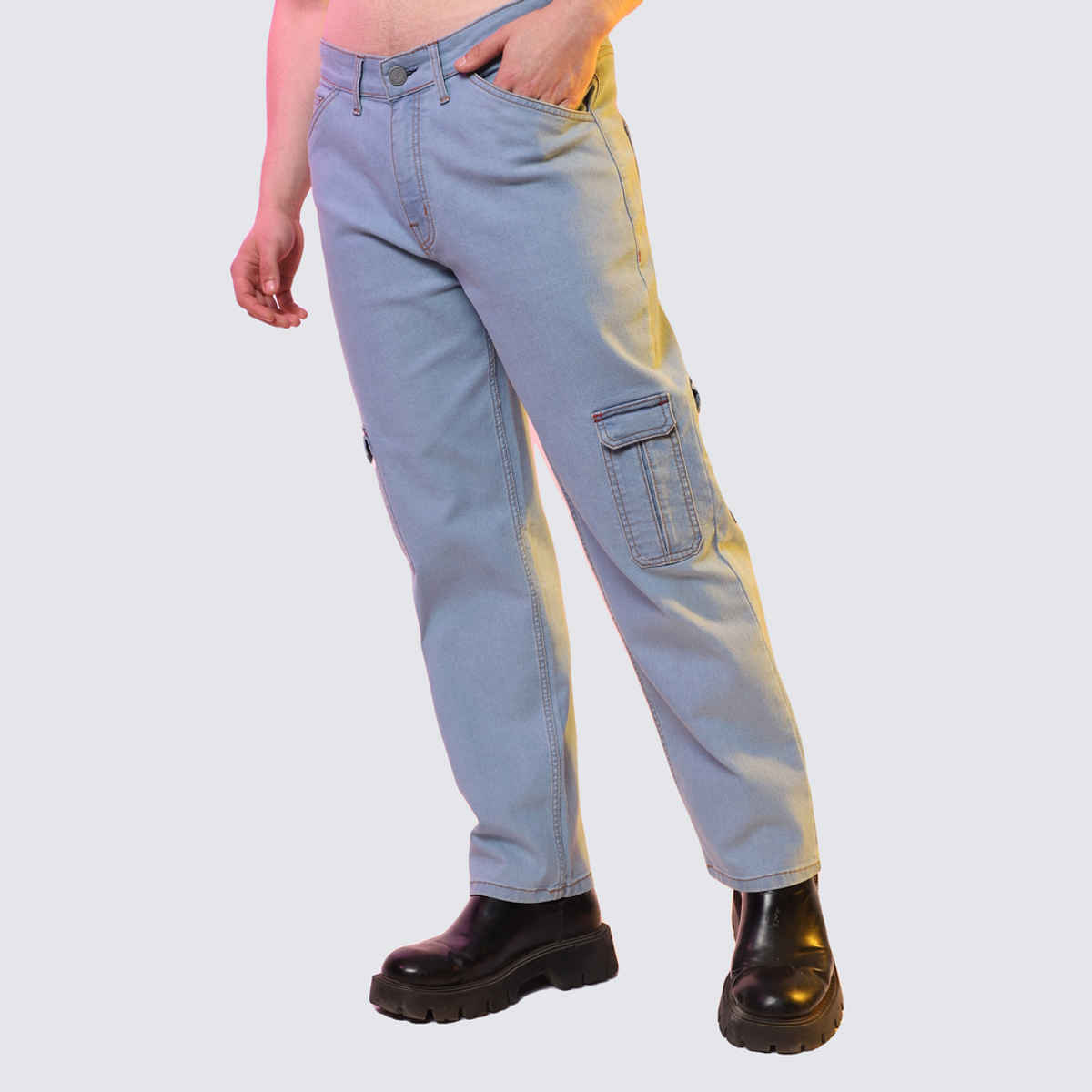 Campus Sutra Men's Straight Cargo Denim Jeans | Blue - 36
