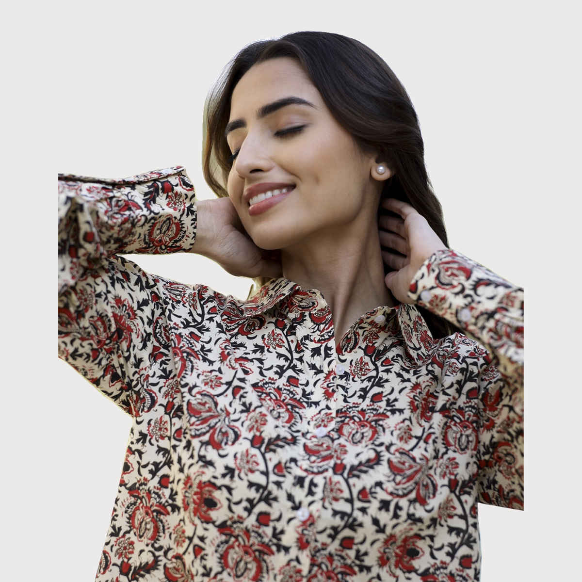Sanskrutihomes Floral Printed Shirt Collar Pure Cotton Night Suit | Black - Red - White | L