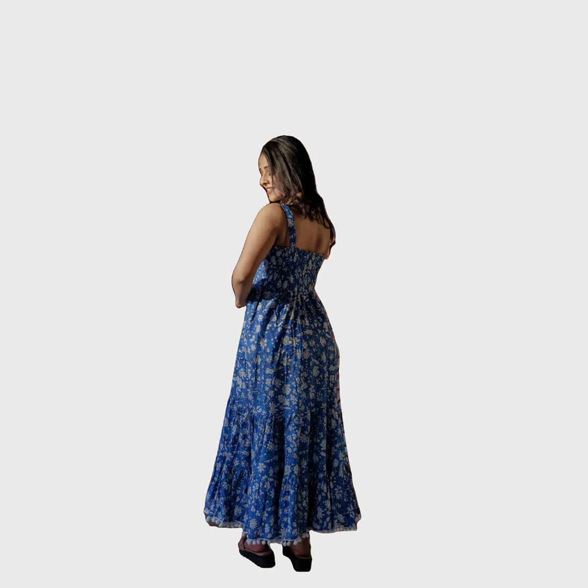 Divena Women s Indigo Floral Printed Shoulder Strip Long Dress | DK0694 | Blue - L