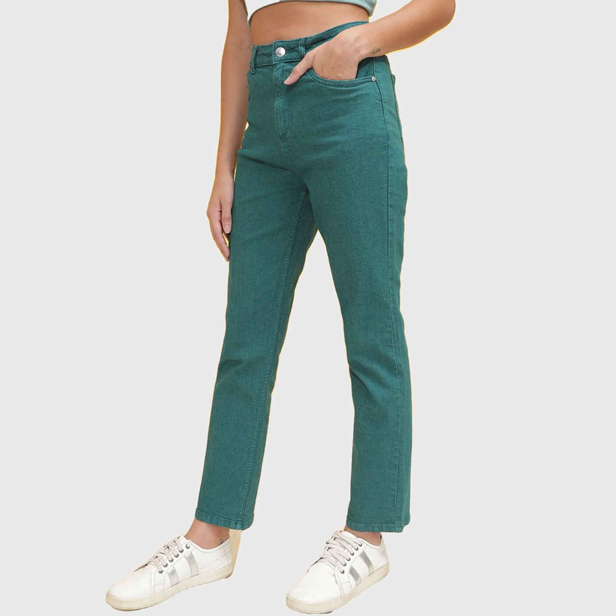 Freehand Women's Overdyed Straight Fit Denim Jeans | Green - 28