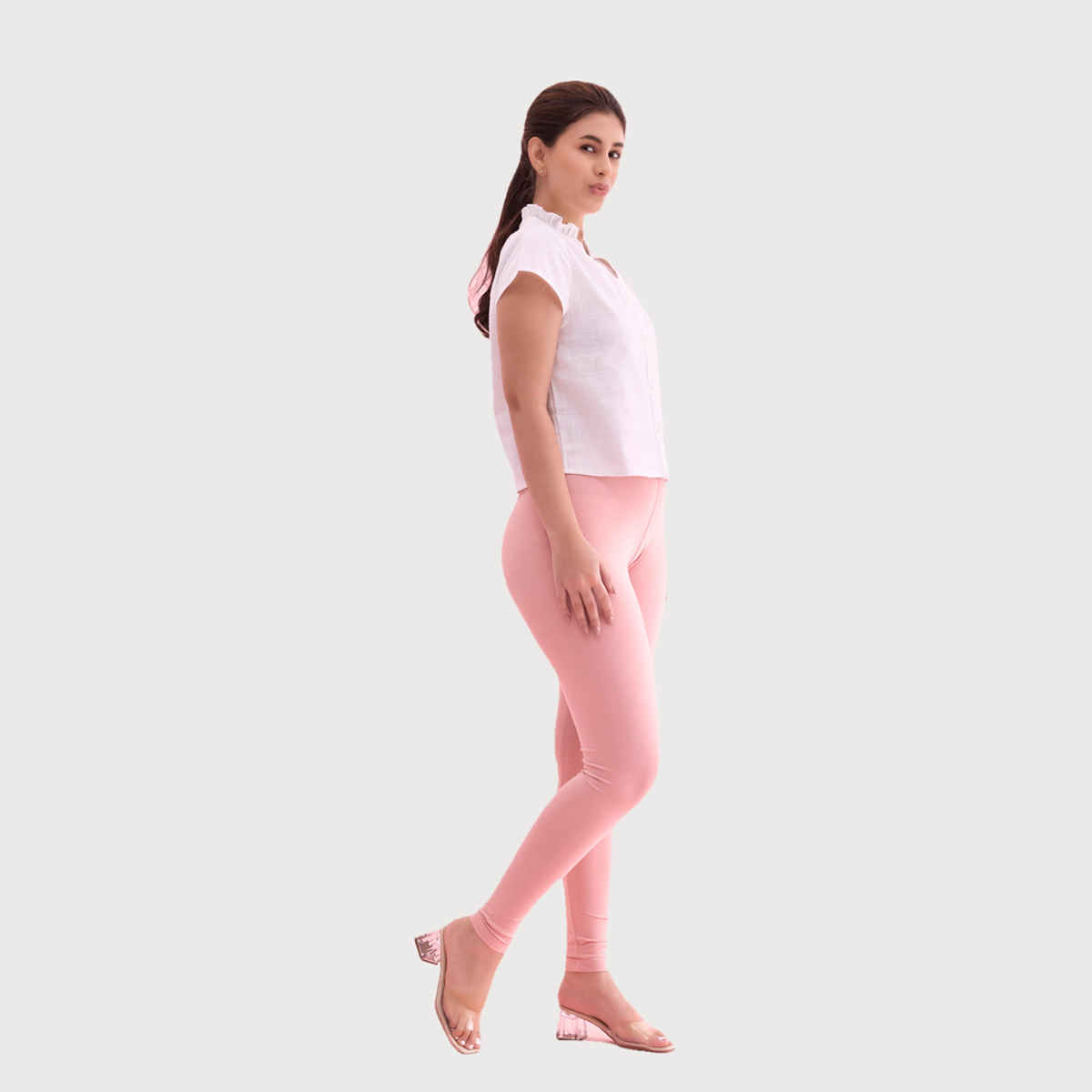 Go Colors Women's Solid Mid Rise Ankle Length Leggings | Baby Pink - S