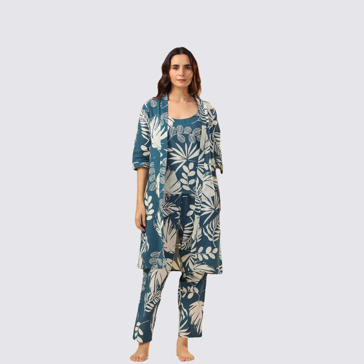 Sanskrutihomes Teal 3 Pieces Floral Printed Pure Cotton Night Suit | Teal - S