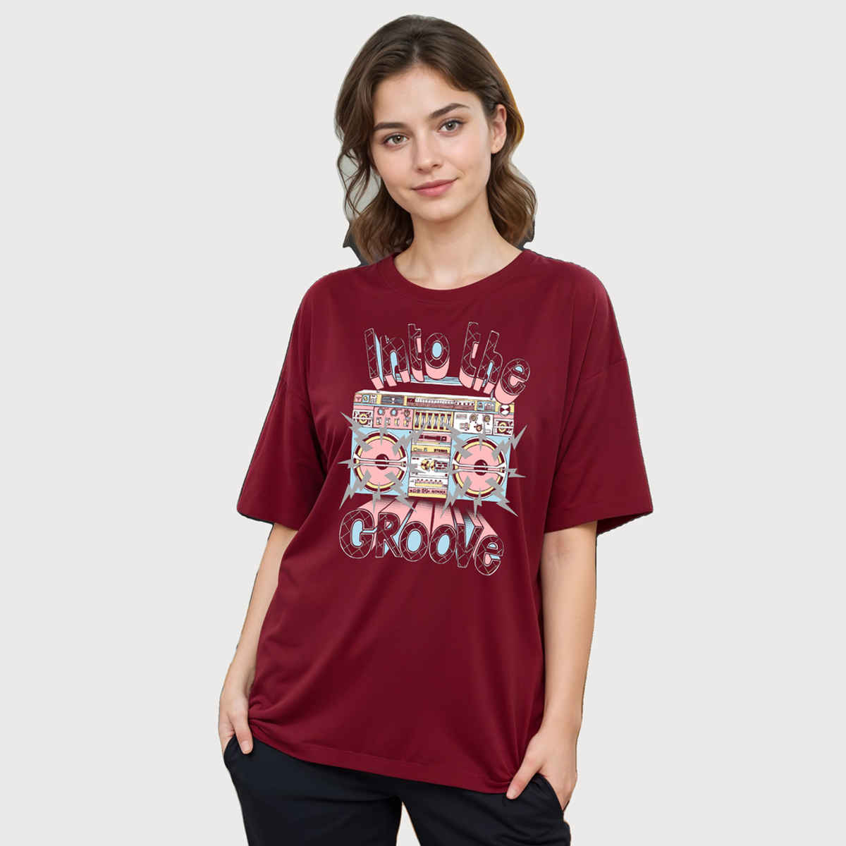 Smartees Women's Oversize Printed T-shirt | WW - 2043 | Maroon - L