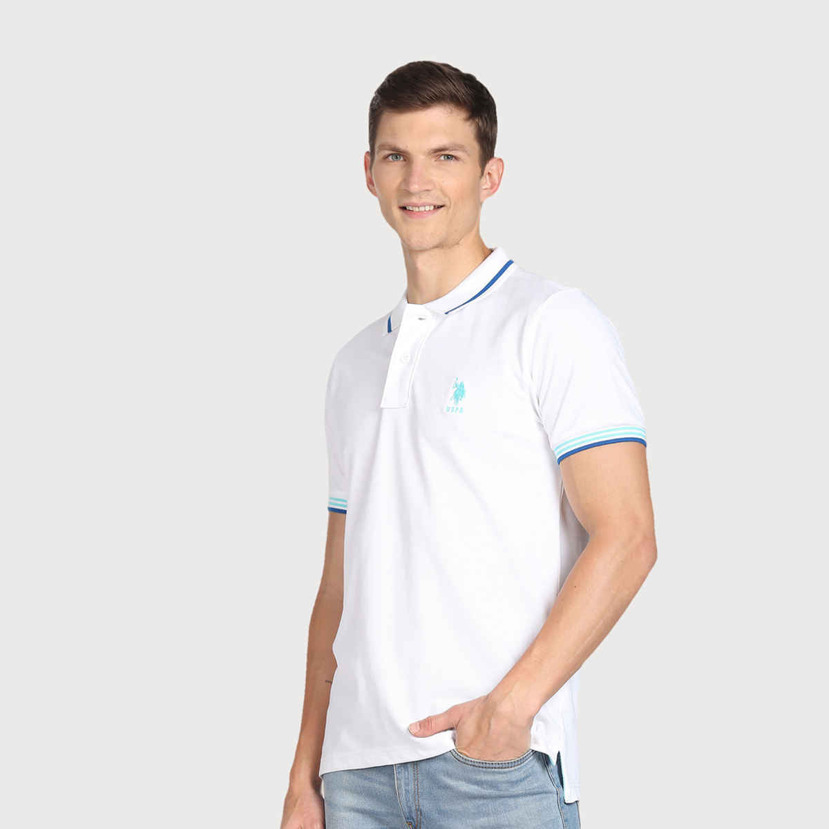 U.S. Polo Assn. Men's Striped Hem Cotton Polo Shirt | White - M