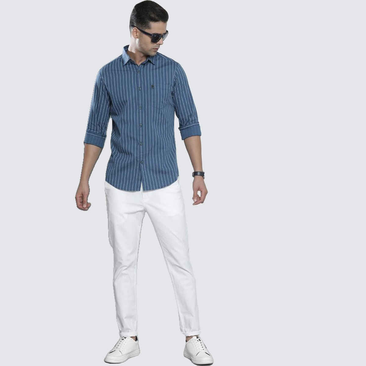 The Indian Garage Co Men's Regular Fit Striped Casual | Blue | L