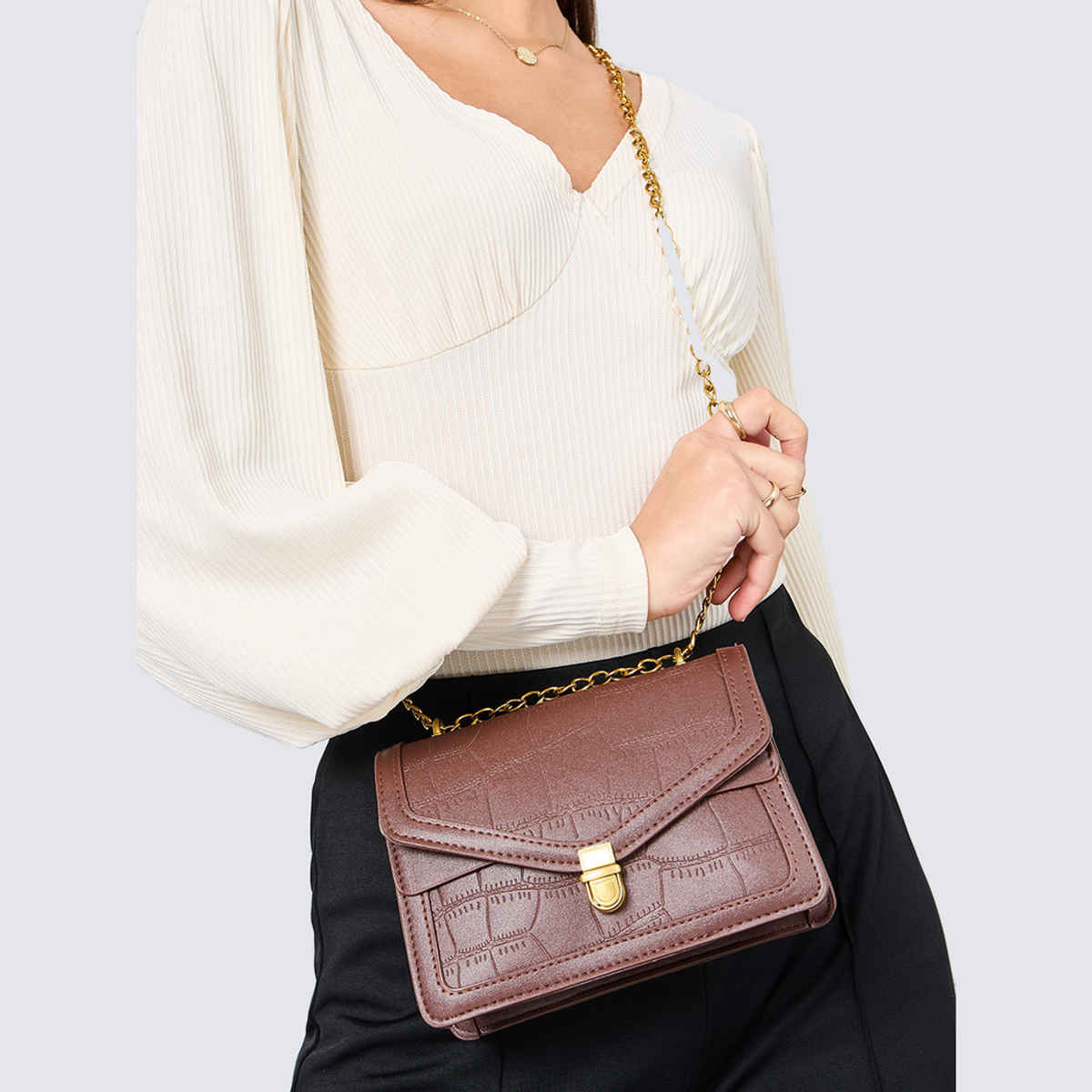 Styli Women's Croc Skin Push Lock Shoulder Satchel Bag | Brown