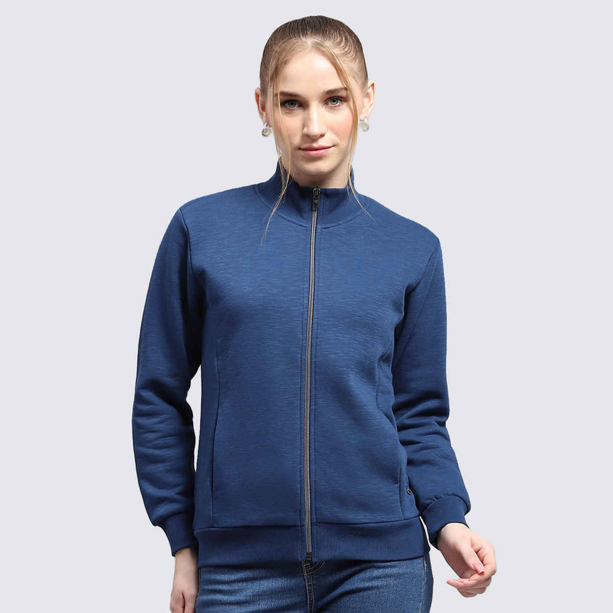 Monte Carlo Womens Solid Blue Mock Neck Full Sleeve Sweatshirt | 22408624-4-42 | XXL