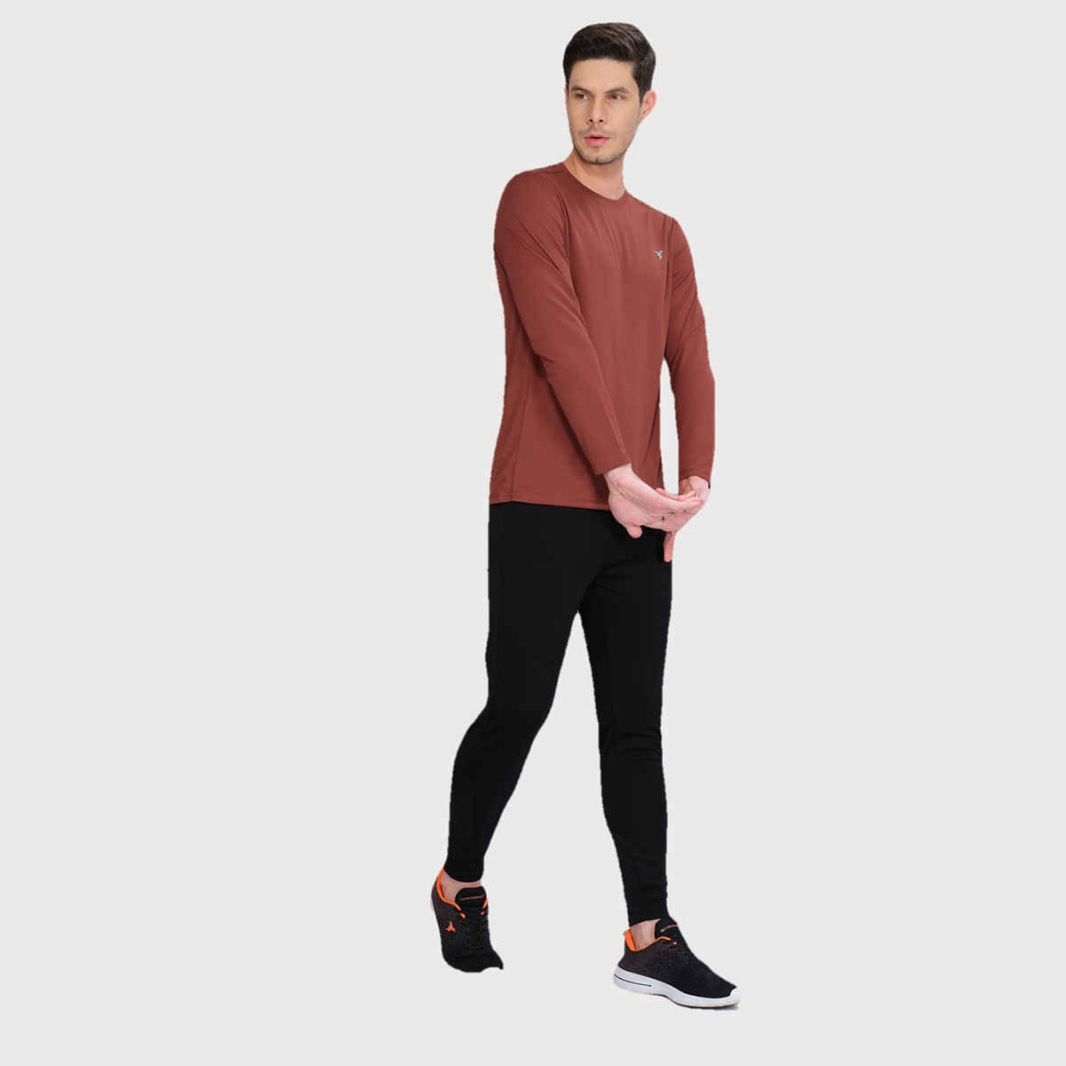 Technosport Men's Poly Solid Slim Fit Round Neck Full Sleeve Sports T-shirt | Rust - L