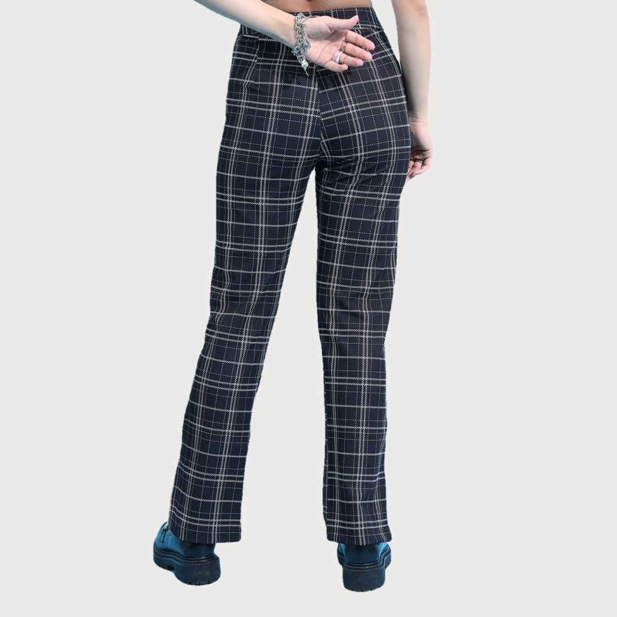 Ketch Women's Mid Rise Plain Checked Trousers | Black and White - 34