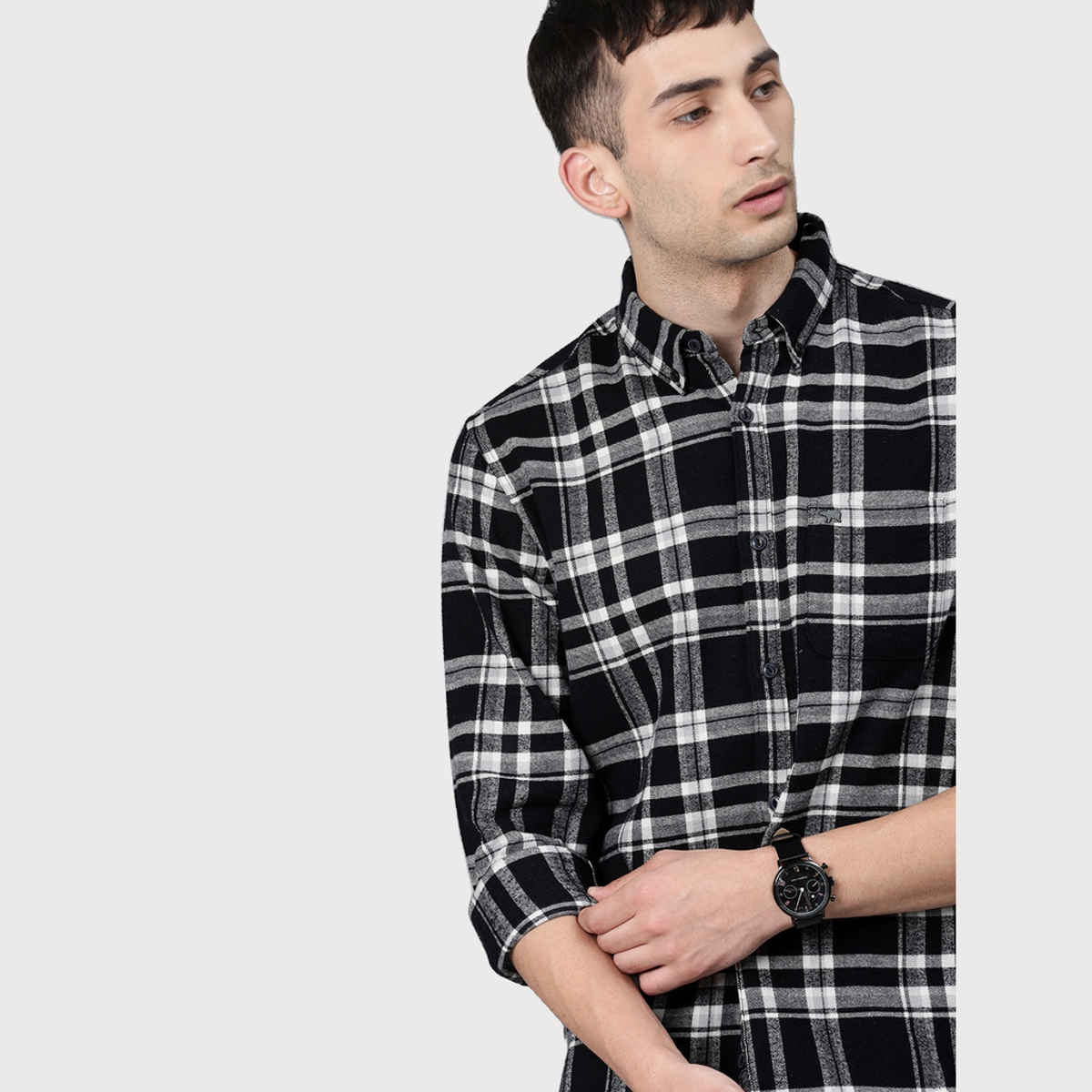 The Bear House Men Slim Fit Flannel Button-Down Casual Shirt - Tally | Black | L