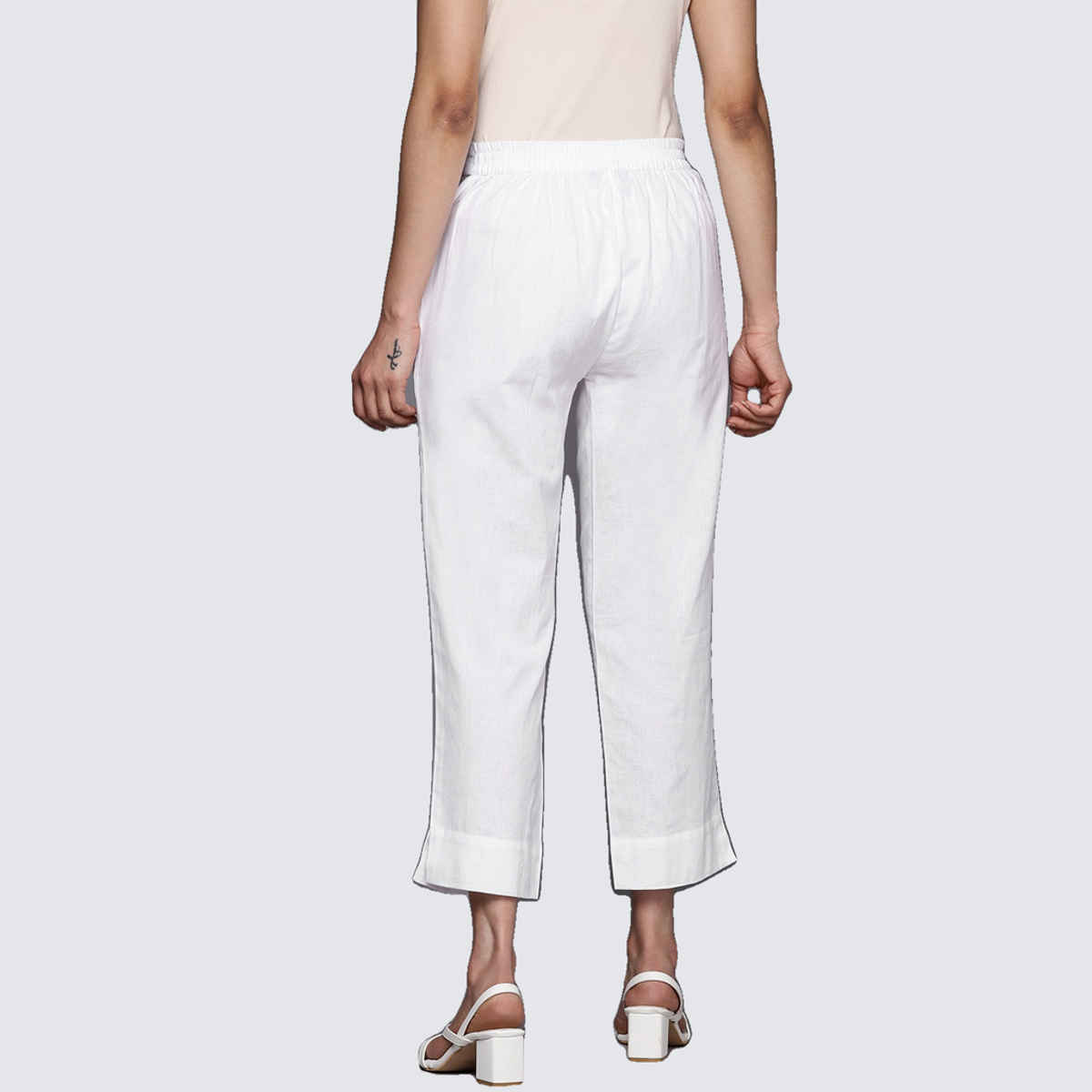 Libas Women White Cotton Side Slit Solid Trousers With Both Side Pockets - Pl1401L