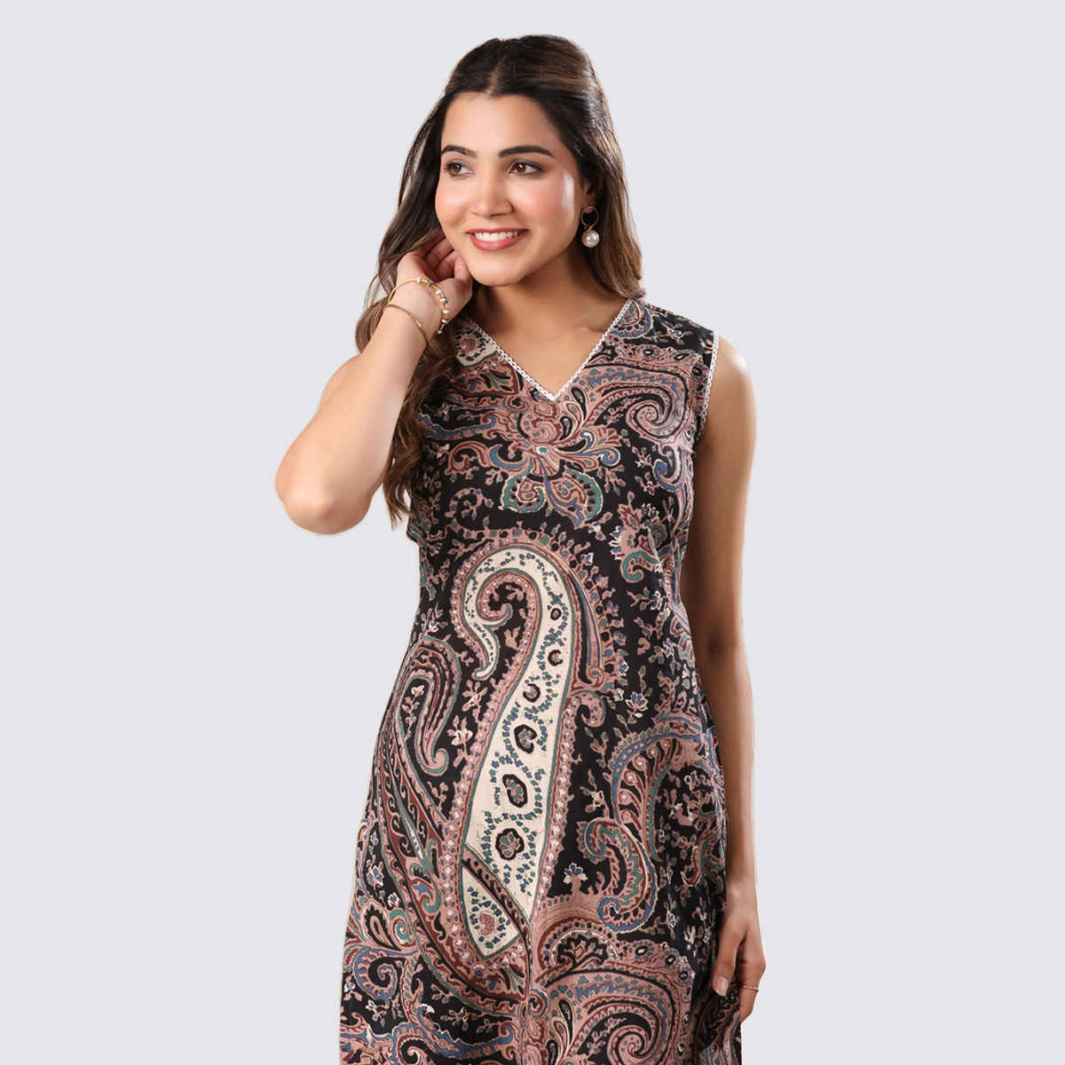 Janasya Women's Pure Cotton Paisley Printed Straight Kurta Pant Set | Black - L