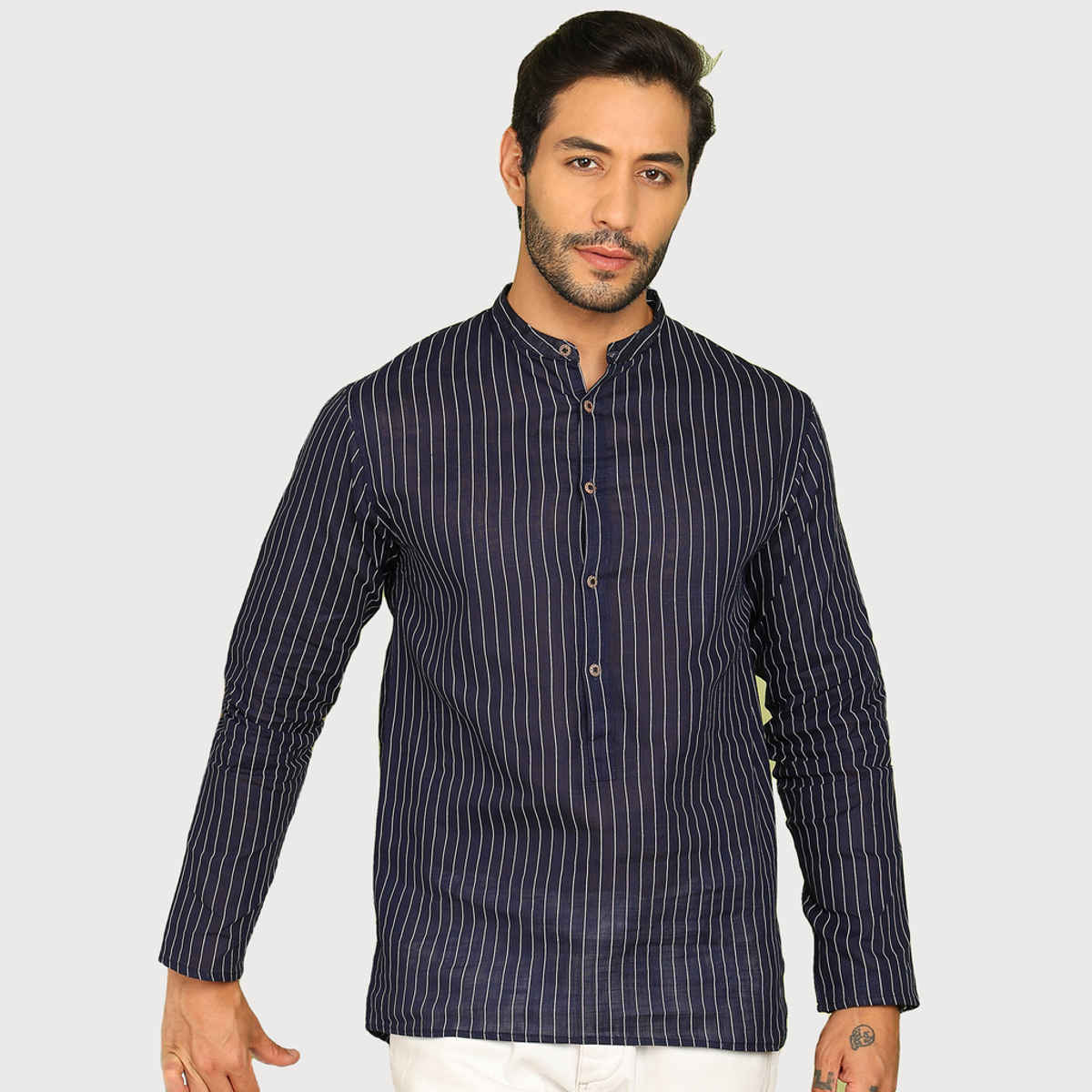 Allan Peter Men's Printed Short Kurta | Blue - M
