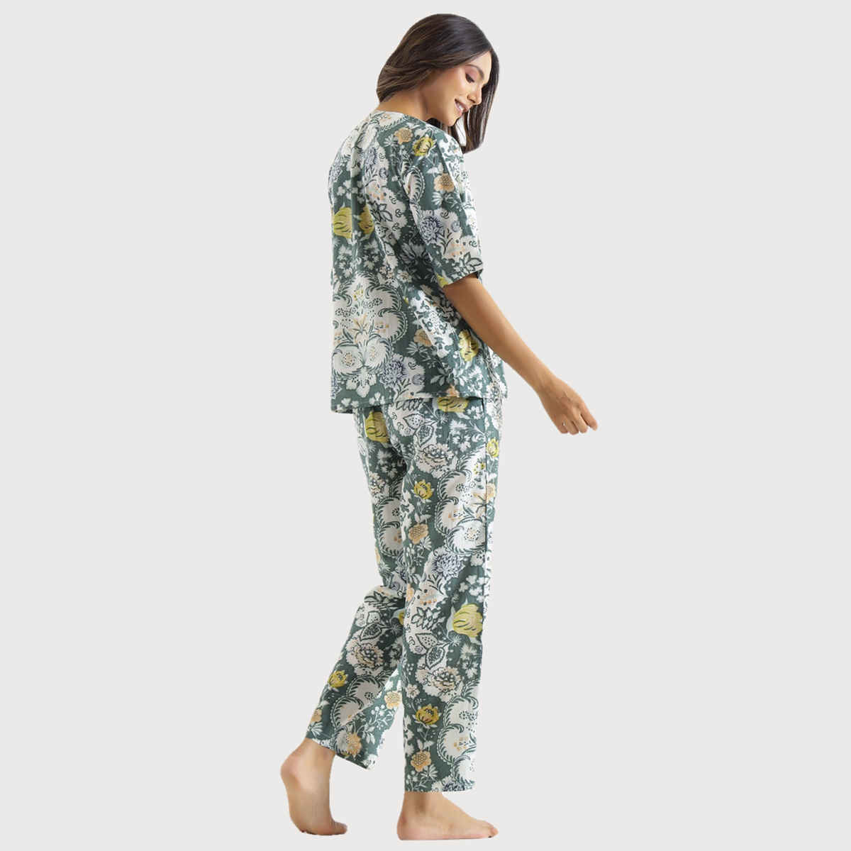 Sanskrutihomes Printed Pure Cotton Night Suit | Green - S