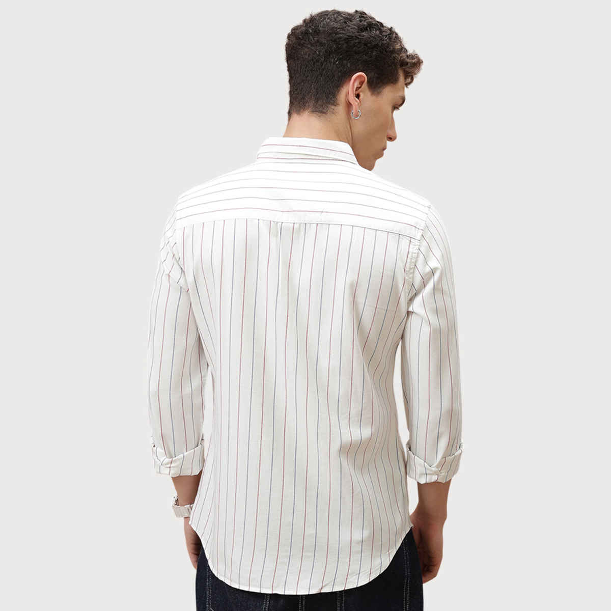 HIGHLANDER Men's Striped Slim Fit Opaque Cotton Casual Shirt | White, Blue and Red - M