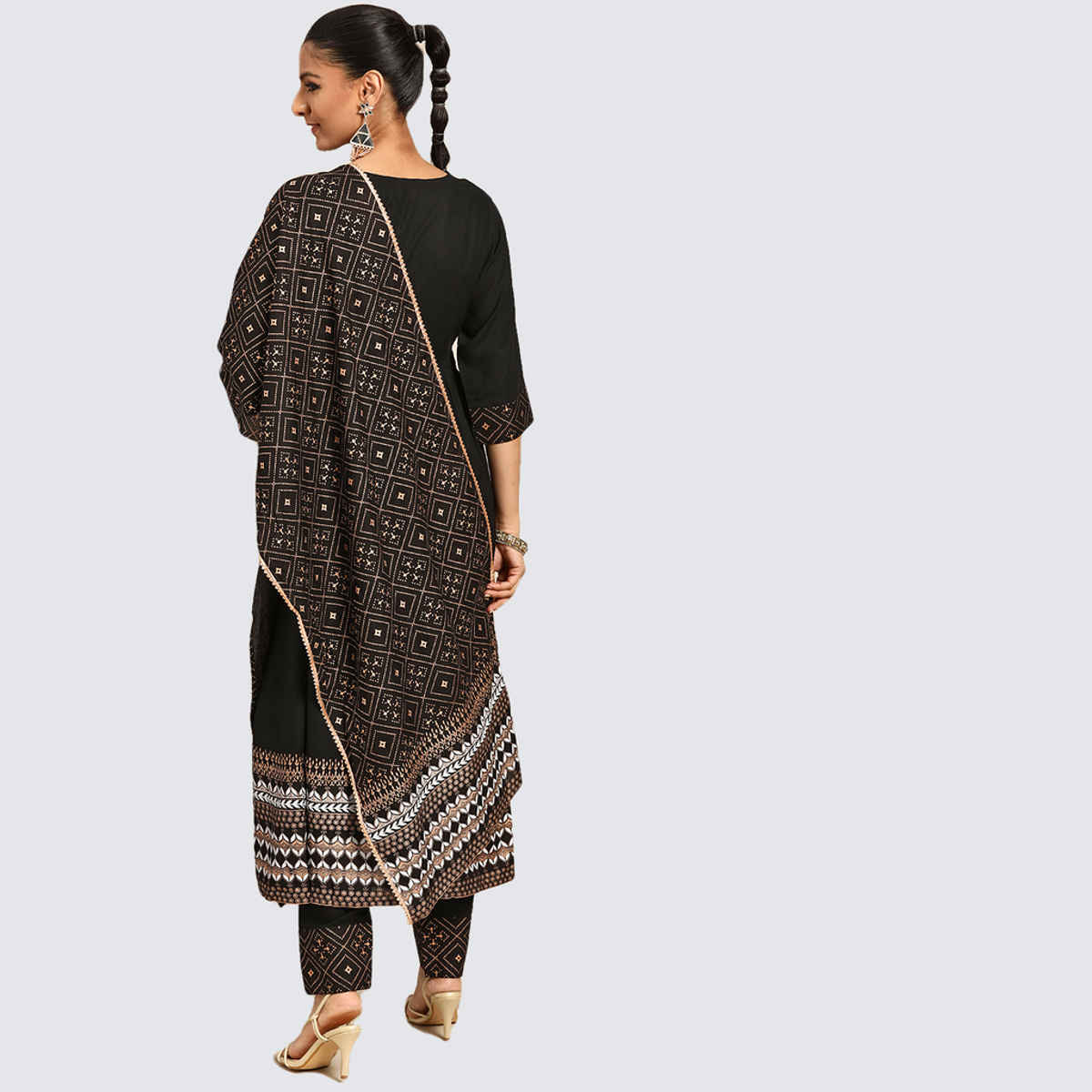 Libas Women's Solid Rayon Anarkali Suit Set With Dupatta | Black - XL