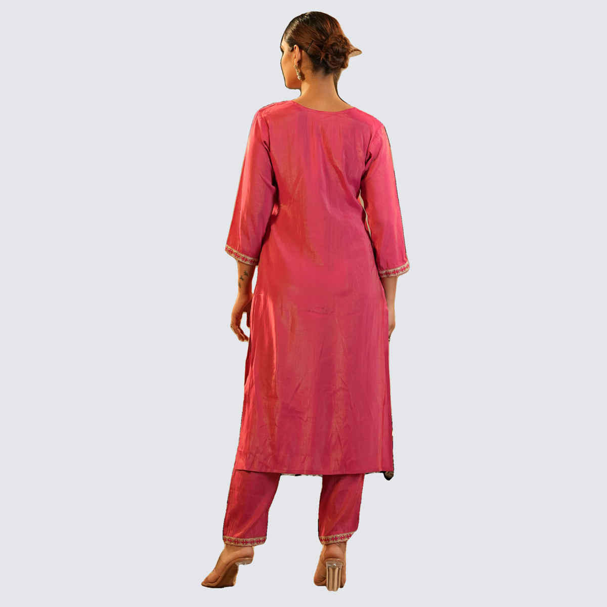 INDO ERA Women's Embroidered Straight Kurta Pant set | KS9RP11589 | Pink - L