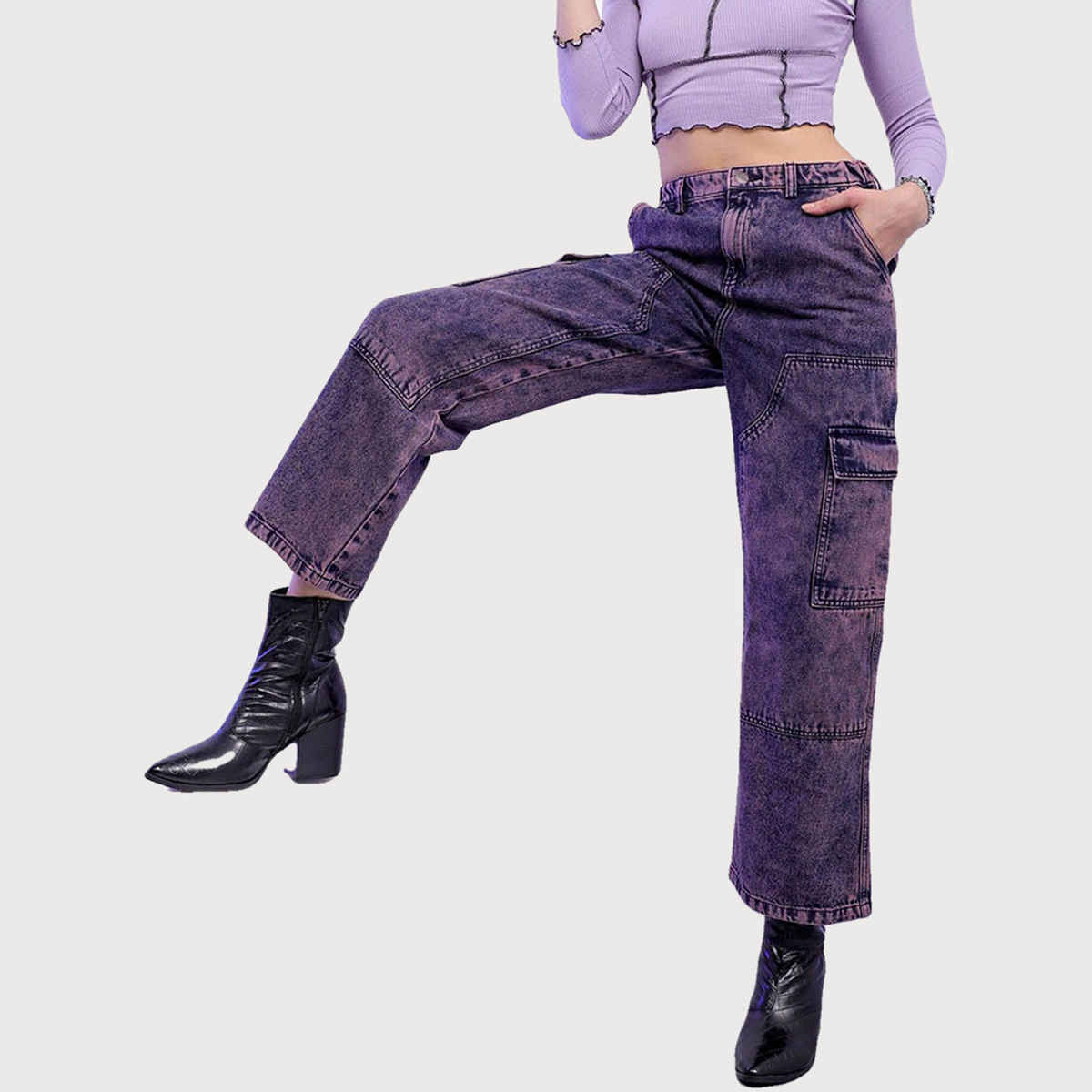 Freehand Women's Street Denim Patch Pocket Multi Pocket Utility Carpenter Denim Jeans | Purple - 28