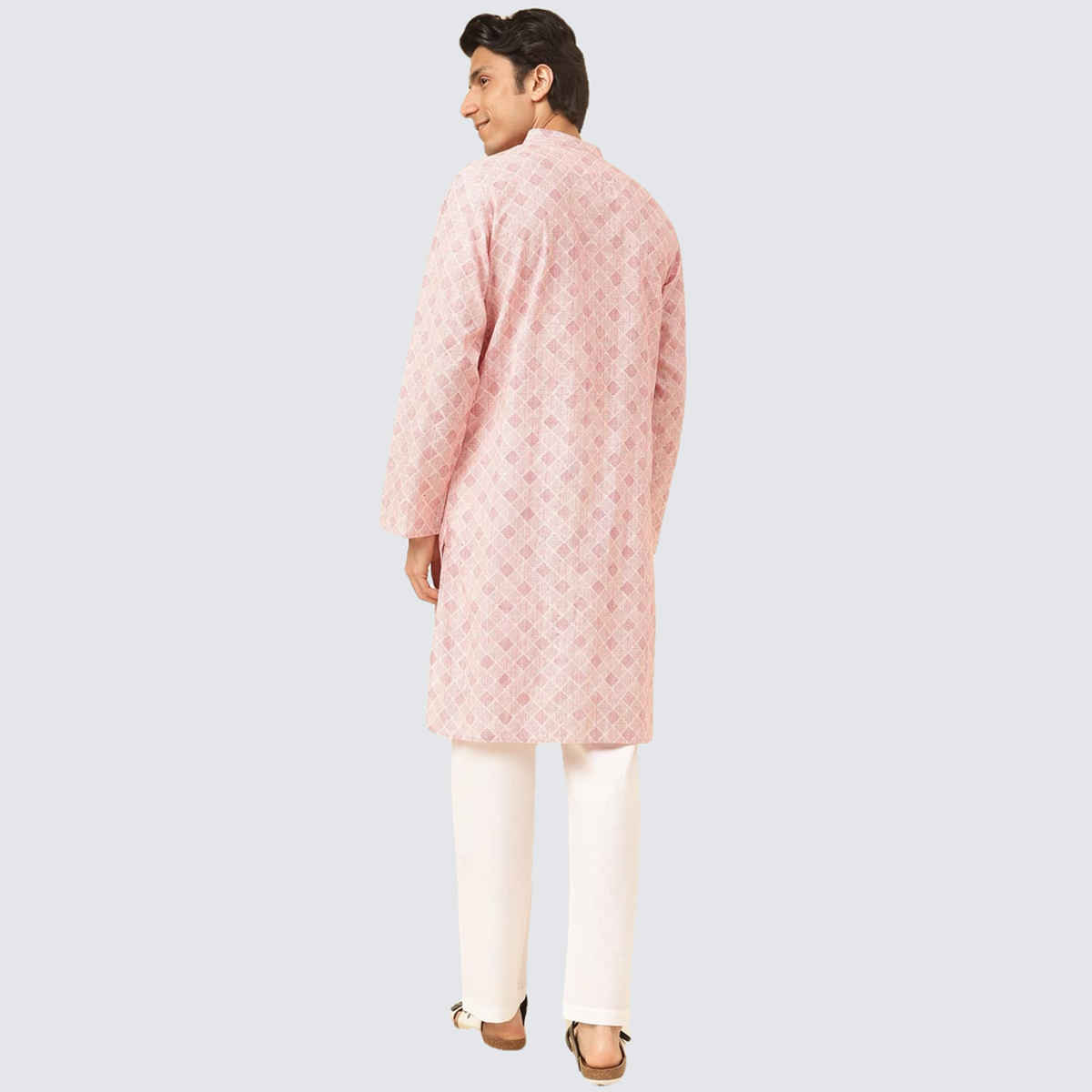 Fabindia Men's Long Kurta Hand Block Printed | Pink - M