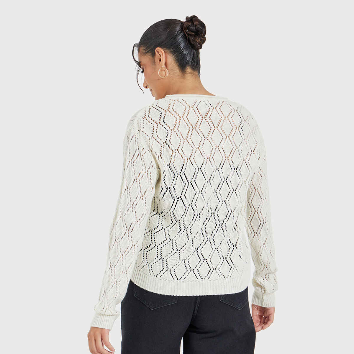Styli Women's Regular Length Regular Fit Textured Pattern Sweater | Off White - XL