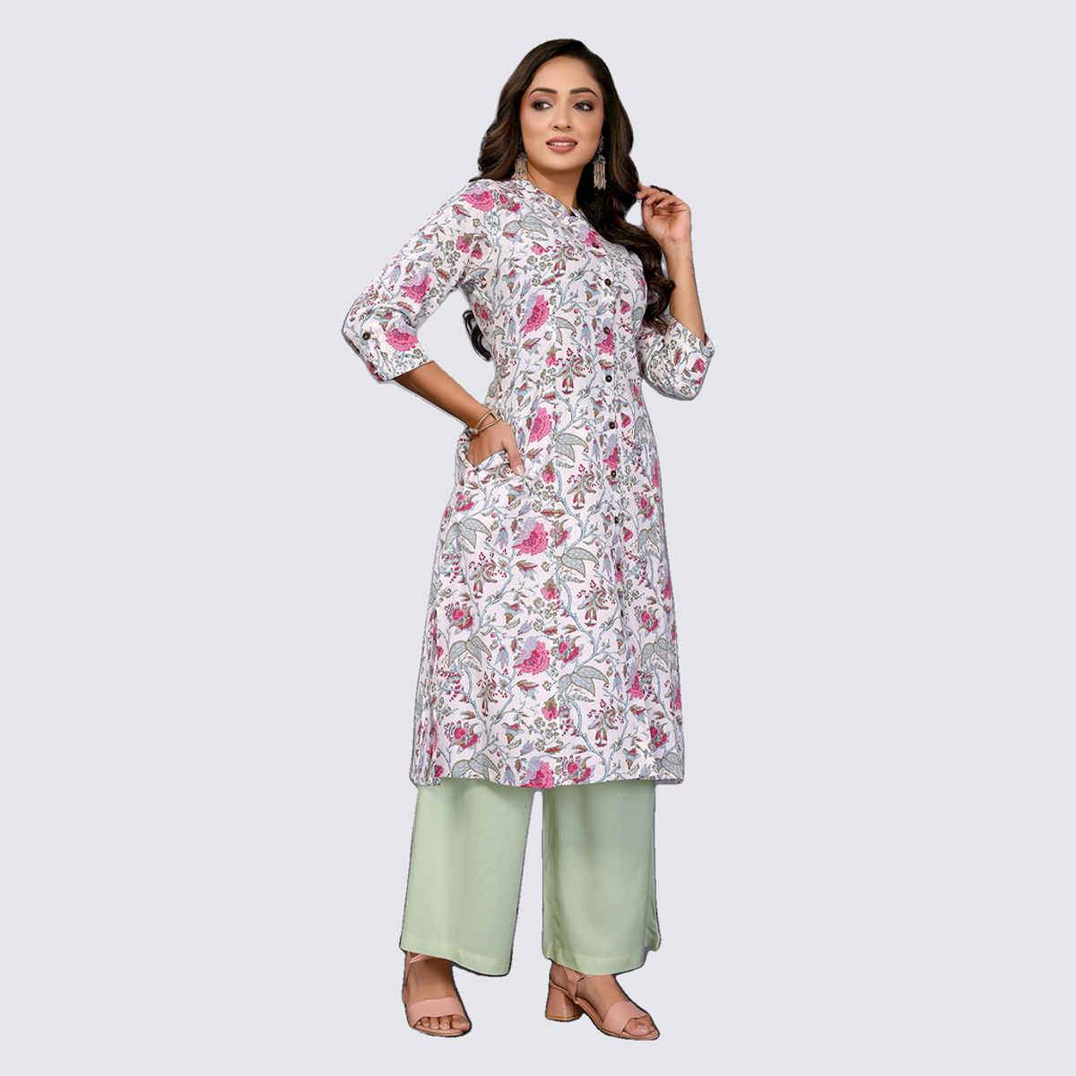 Rangita Women's Cotton Printed A-line Calf Length Kurta | Off White - S