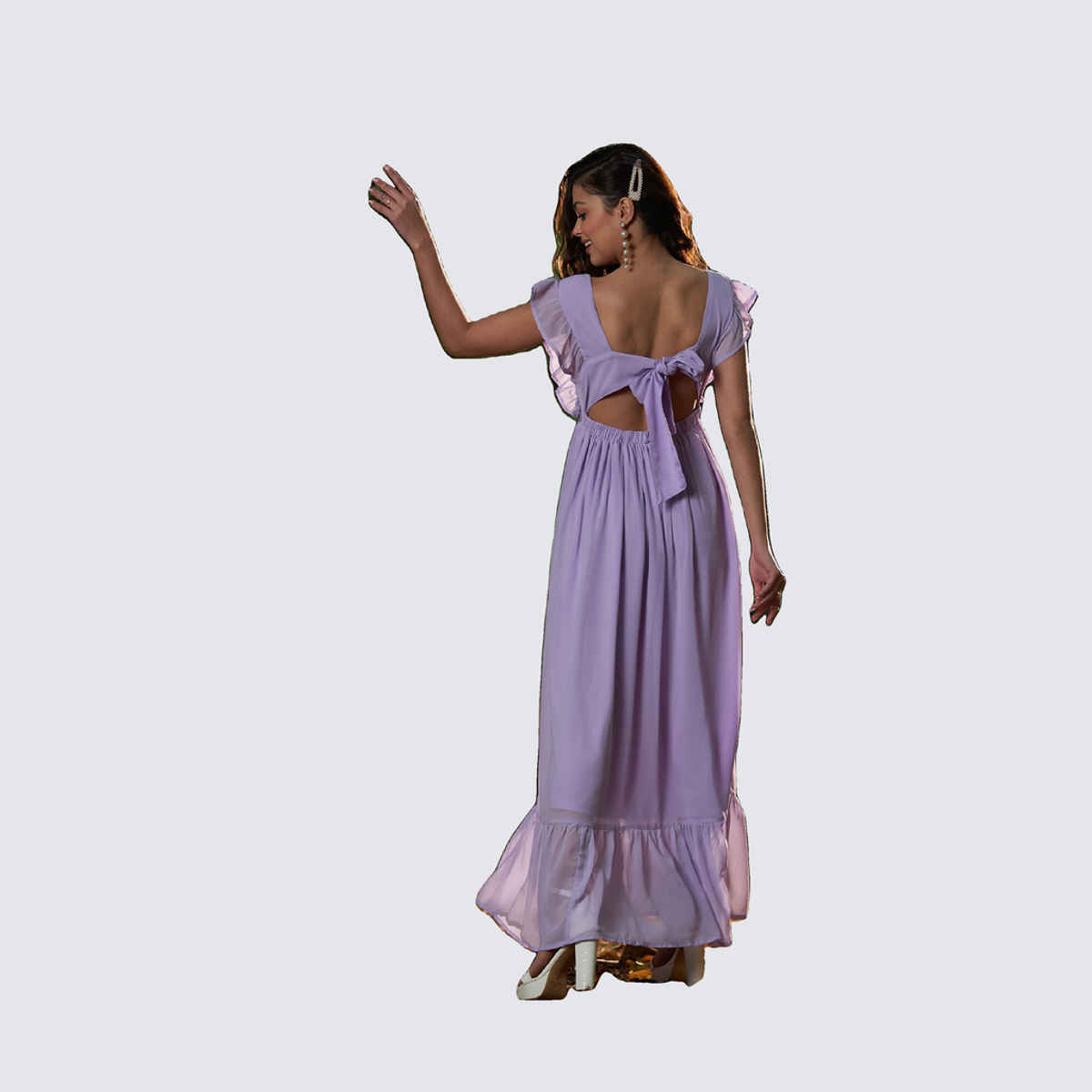 SASSAFRAS Women's Square Neck Frill Hem Maxi Dress | Lavender - S
