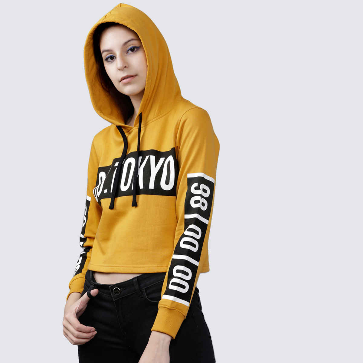 Tokyo Talkies Women's Printed Hooded Sweatshirt | Mustard - L