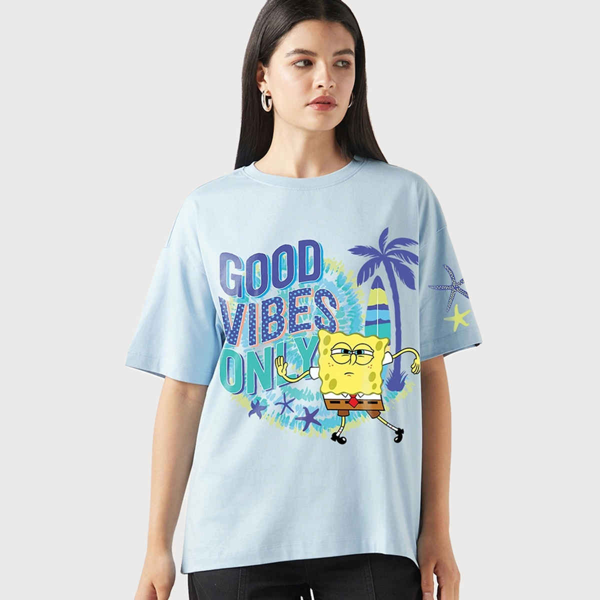 Bewakoof Women's Official SpongeBob Sponge Bob Graphic Printed Oversized T-shirt | Sky Blue - S