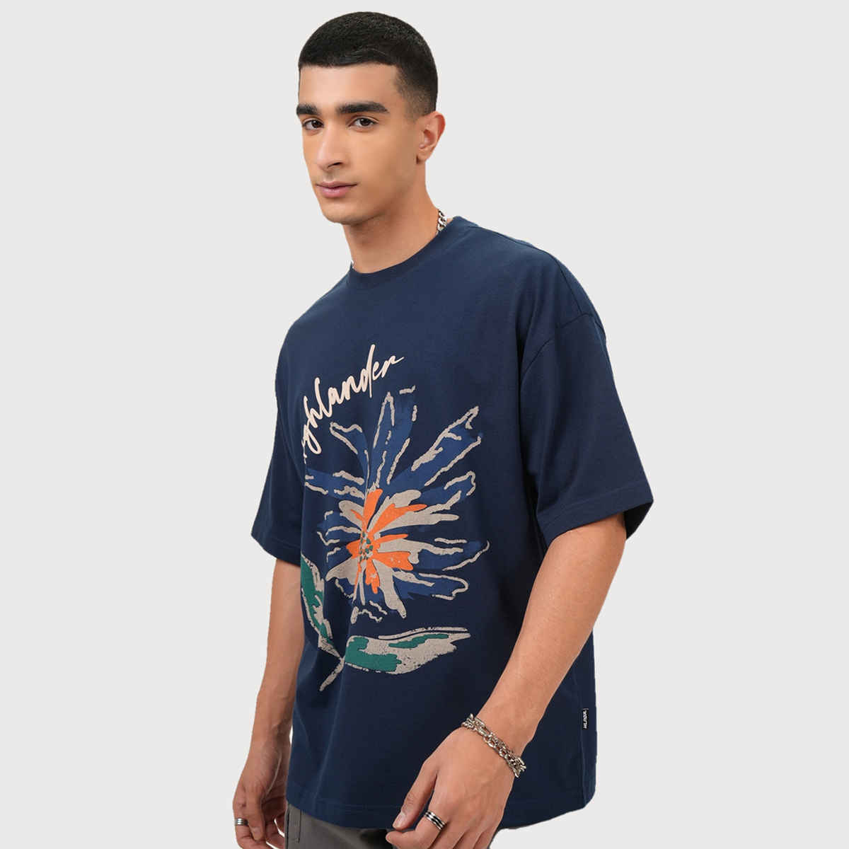 Highlander Men's Round Neck Half Sleeve Oversized T-shirt | Blue | S